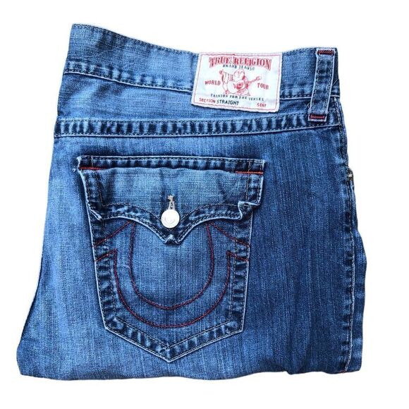 RARE True Religion Jeans Size 46 STRAIGHT FLAP EARTHWORM RED Blue - Picture 1 of 14